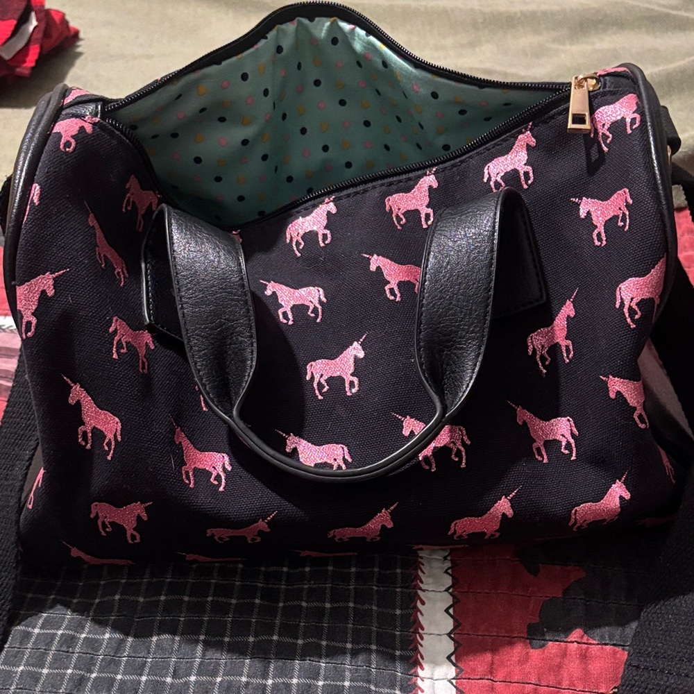 Chic Black Tote with Pink Unicorn Design